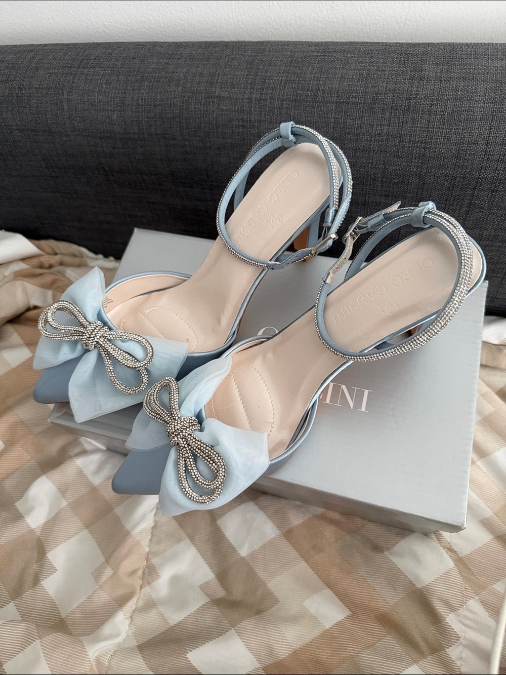 Oleg Cassini Powder Blue Pointed-Toe Ankle-Strap Heels with Bow- David's Bridal